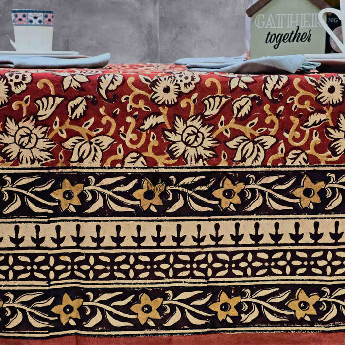 Marigold Radiance Floral Cotton Block Print Tablecloth Square, Ruby Terracotta - Sweet Us