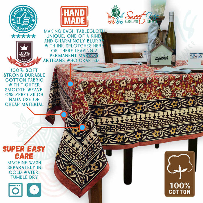 Marigold Radiance Floral Cotton Block Print Tablecloth Square, Ruby Terracotta - Sweet Us