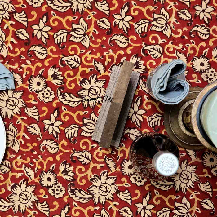Marigold Radiance Floral Cotton Block Print Tablecloth Square, Ruby Terracotta - Sweet Us
