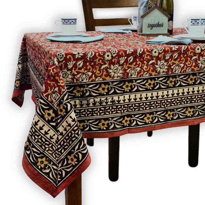 Marigold Radiance Floral Cotton Block Print Tablecloth Square, Ruby Terracotta - Sweet Us