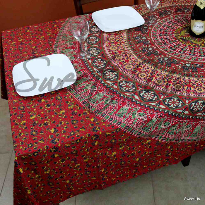 Cotton Floral Tablecloth Rectangle 68x102 Red Blue Green - Sweet Us