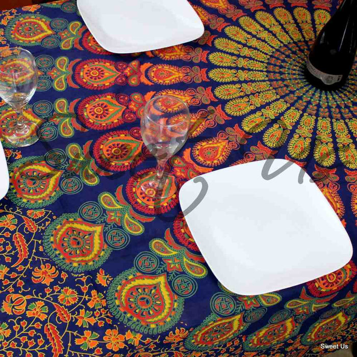 Cotton Peacock Mandala Floral Tablecloth Rectangle 68x102 Blue Gold Red - Sweet Us