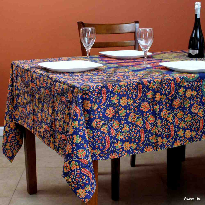 Cotton Peacock Mandala Floral Tablecloth Rectangle 68x102 Blue Gold Red - Sweet Us
