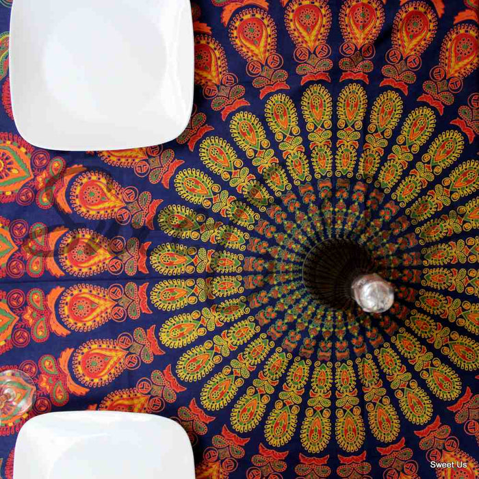 Cotton Peacock Mandala Floral Tablecloth Rectangle 68x102 Blue Gold Red - Sweet Us