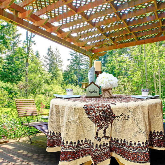 Peacock Paradise Paisley Organic Hand Block Print Cotton Tablecloth Collection - Sweet Us
