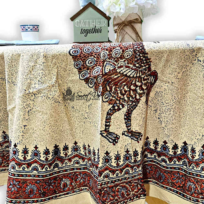Peacock Paradise Paisley Organic Hand Block Print Cotton Tablecloth Collection - Sweet Us