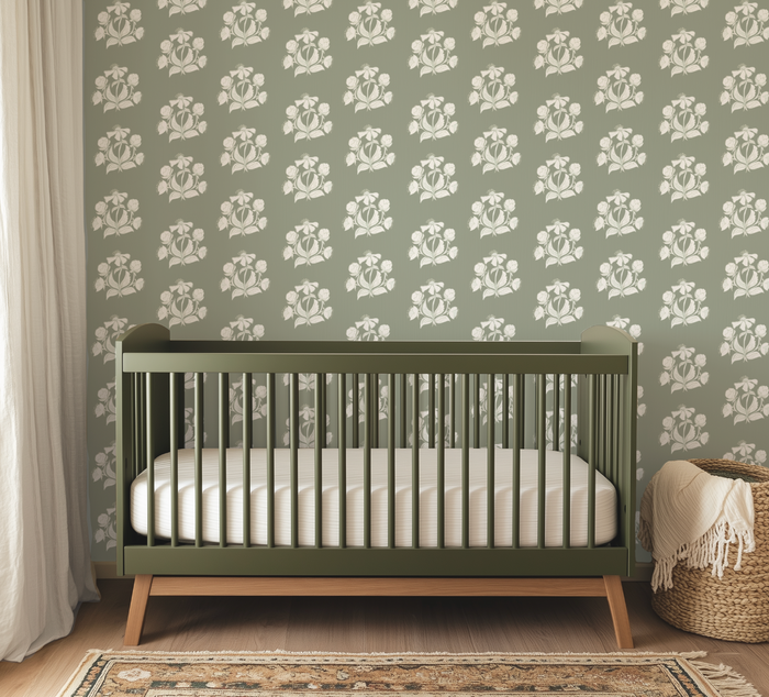 Peony Bundle in Salt on Sage Wallpaper