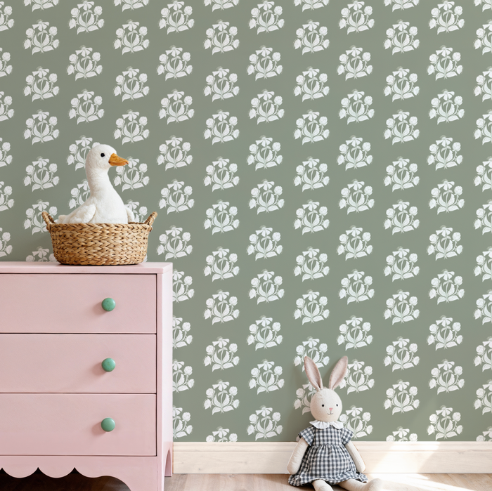 Peony Bundle in Salt on Sage Wallpaper