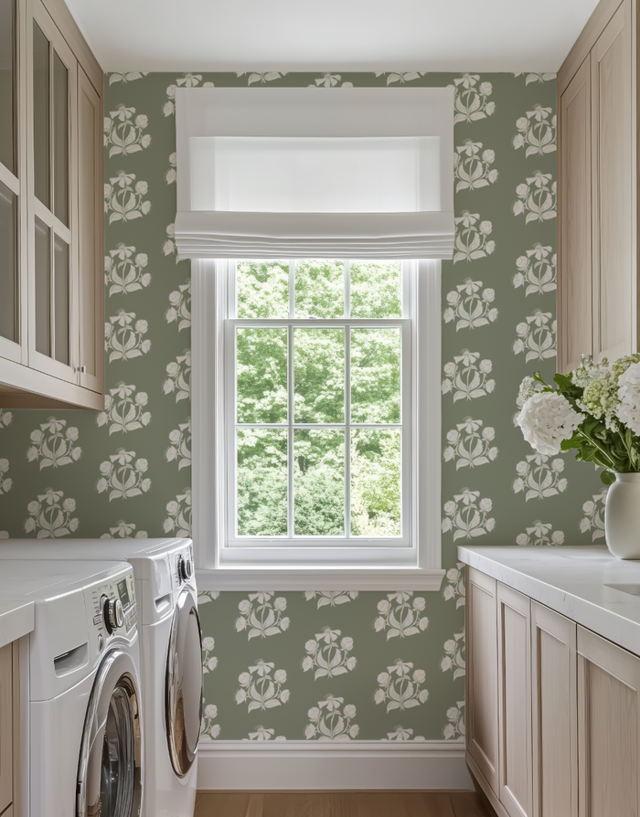 Peony Bundle in Salt on Sage Wallpaper