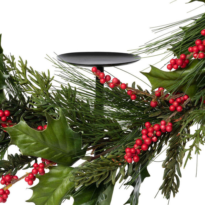 Pine and Holly Wreath on Candle Stand Tall