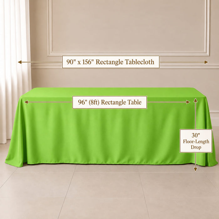Apple green polyester rectangle tablecloth 90"x156" with seamless finish.