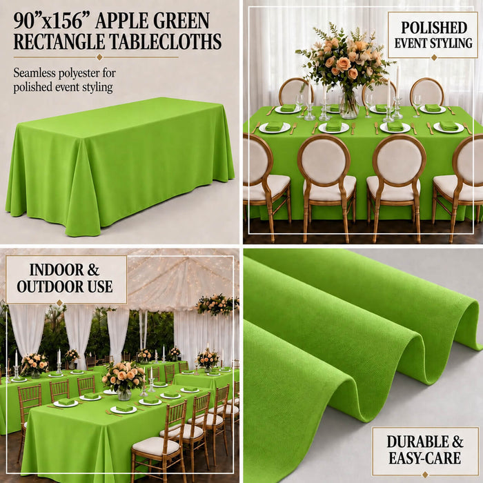 Apple green polyester tablecloth 90"x156" with seamless finish.