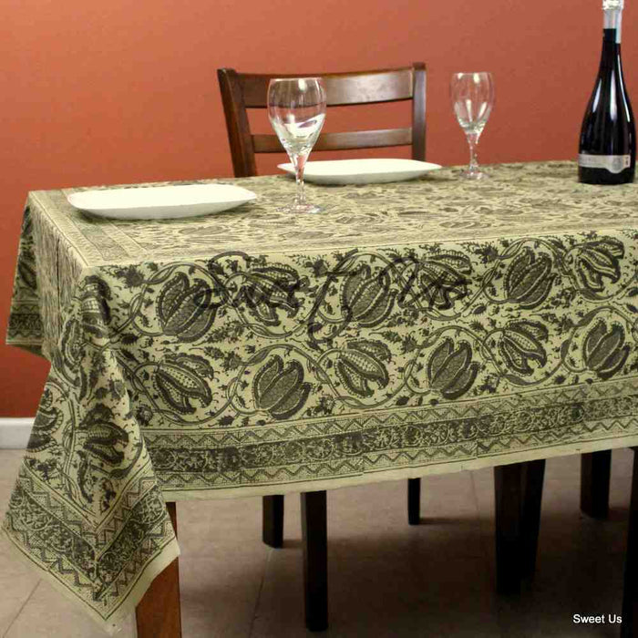 Cotton Vegetable Dye Hand Block Print Floral Tablecloth Rectangle Green Beige - Sweet Us