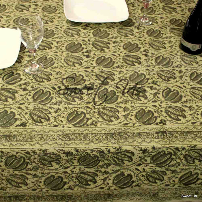Cotton Vegetable Dye Hand Block Print Floral Tablecloth Rectangle Green Beige - Sweet Us