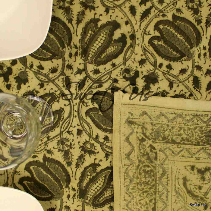 Cotton Vegetable Dye Hand Block Print Floral Tablecloth Rectangle Green Beige - Sweet Us
