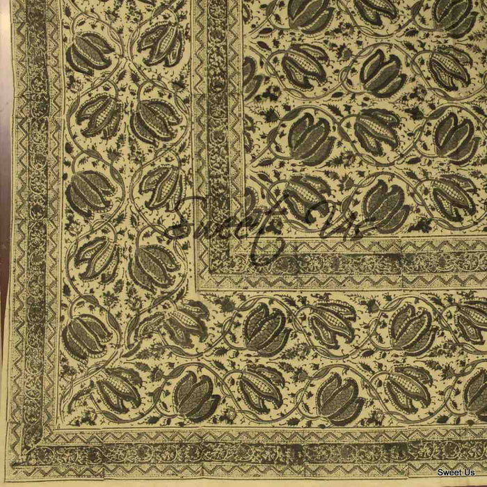 Cotton Vegetable Dye Hand Block Print Floral Tablecloth Rectangle Green Beige - Sweet Us