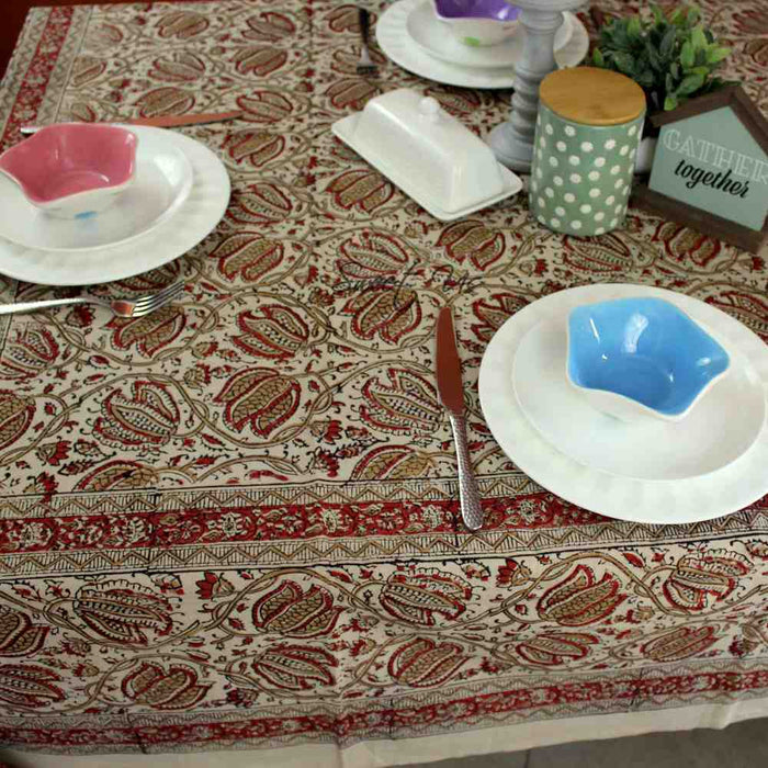 Cotton Vegetable Dye Hand Block Print Floral Tablecloth Rectangle Red Beige - Sweet Us