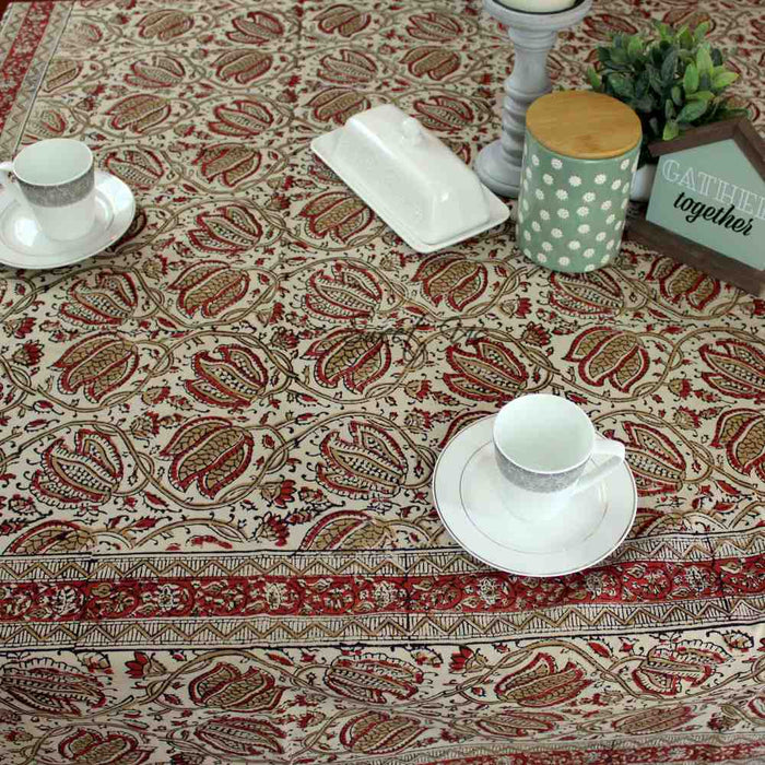 Cotton Vegetable Dye Hand Block Print Floral Tablecloth Rectangle Red Beige - Sweet Us