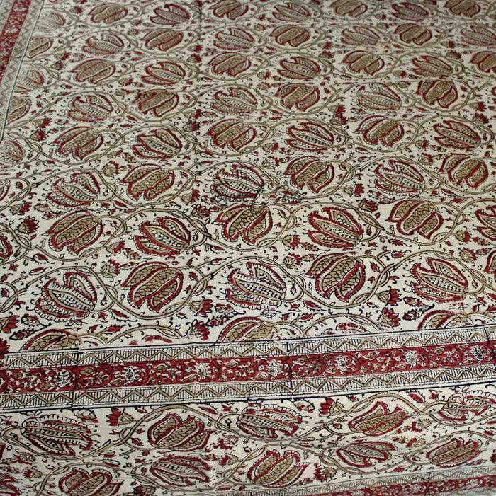 Cotton Vegetable Dye Hand Block Print Floral Tablecloth Rectangle Red Beige - Sweet Us
