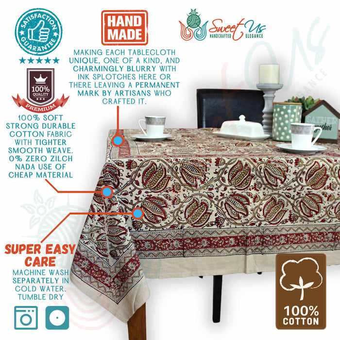 Cotton Vegetable Dye Hand Block Print Floral Tablecloth Rectangle Red Beige - Sweet Us