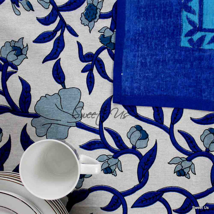 Regal Blooms Cotton Floral Tablecloth Rectangle — Starlit Sapphire - Sweet Us