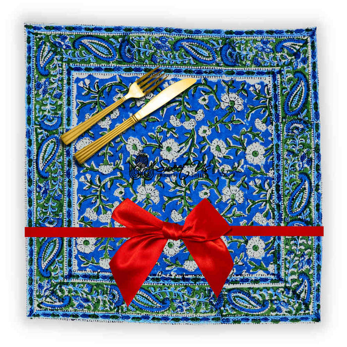 Royal Paisley Floral Block Print Set of Four Table Napkins, Ocean Blue - Sweet Us