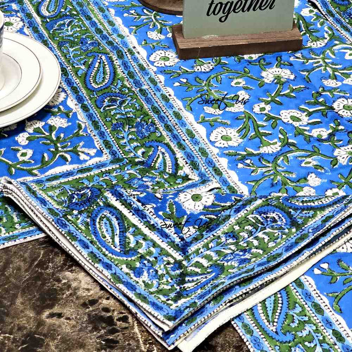 Royal Paisley Floral Block Print Set of Four Table Napkins, Ocean Blue - Sweet Us
