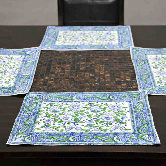 Royal Paisley Floral Block Print Set of 4 Placemats, Seaglass Symphony - Sweet Us