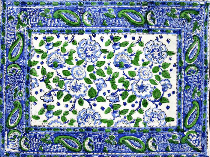 Royal Paisley Floral Block Print Set of 4 Placemats, Seaglass Symphony - Sweet Us