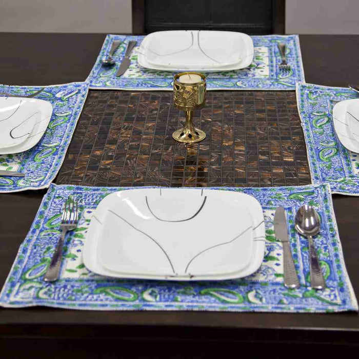 Royal Paisley Floral Block Print Set of 4 Placemats, Seaglass Symphony - Sweet Us