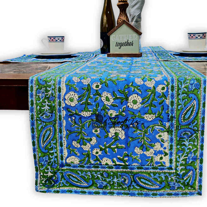 Royal Paisley Floral Cotton Block Print Table Runner, Ocean Blue - Sweet Us