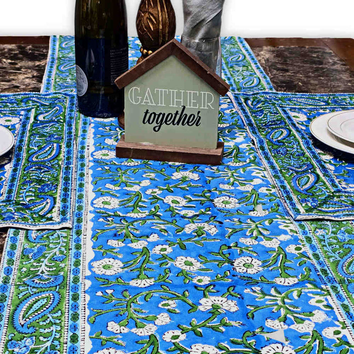 Royal Paisley Floral Cotton Block Print Table Runner, Ocean Blue - Sweet Us
