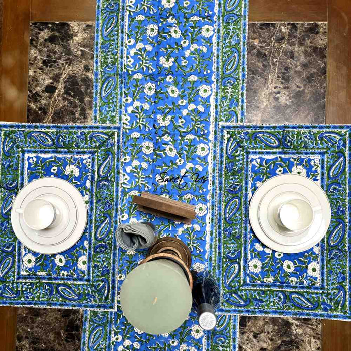 Royal Paisley Floral Cotton Block Print Table Runner, Ocean Blue - Sweet Us