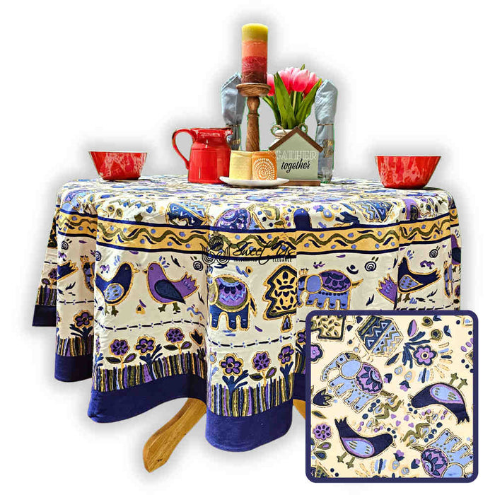 Safari Soiree Avian Floral Cotton Tablecloth Round, Violet Gold - Sweet Us