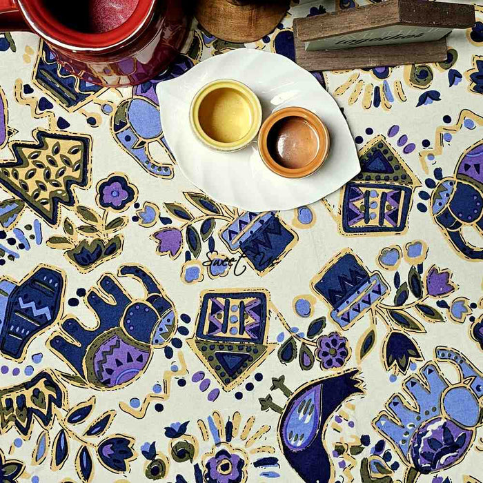 Safari Soiree Avian Floral Cotton Tablecloth Round, Violet Gold - Sweet Us