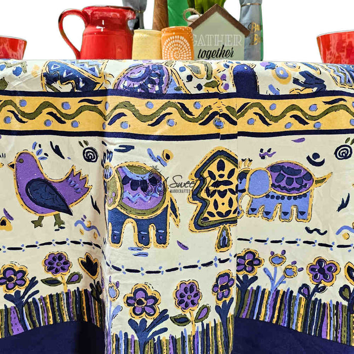 Safari Soiree Avian Floral Cotton Tablecloth Round, Violet Gold - Sweet Us
