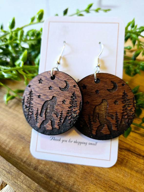 Sasquatch Wood Engraved Rustic Earrings