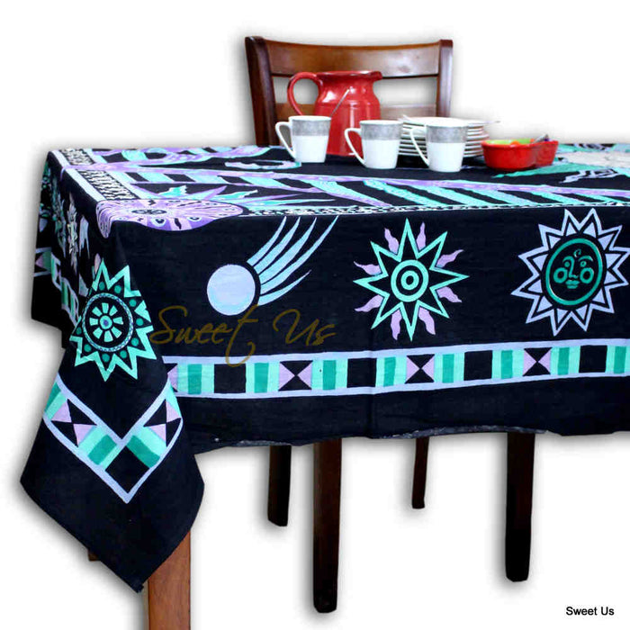 Cotton Celestial Sun Moon Star Tablecloth Rectangle Black Purple Green - Sweet Us