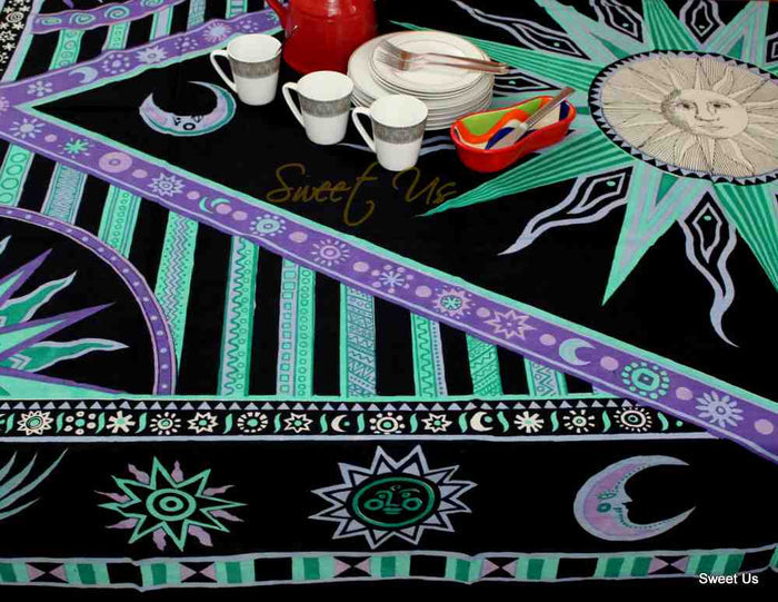 Cotton Celestial Sun Moon Star Tablecloth Rectangle Black Purple Green - Sweet Us