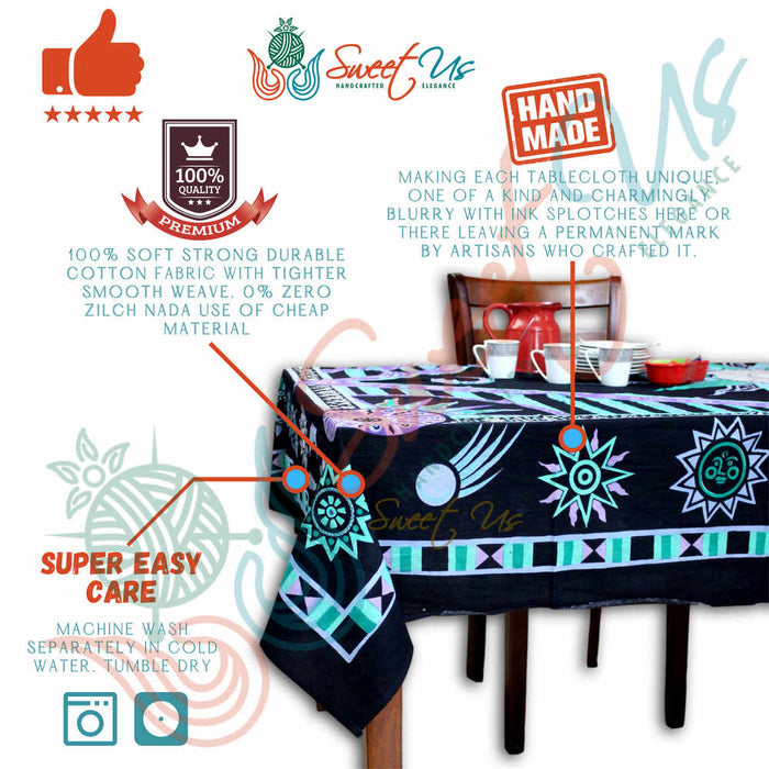 Cotton Celestial Sun Moon Star Tablecloth Rectangle Black Purple Green - Sweet Us