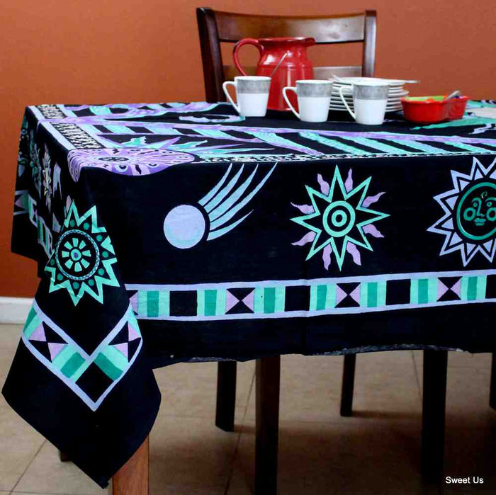 Cotton Celestial Sun Moon Star Tablecloth Rectangle Black Purple Green - Sweet Us
