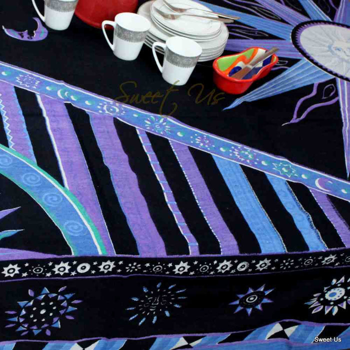 Cotton Celestial Sun Moon Star Tablecloth Rectangle Purple Blue Black - Sweet Us