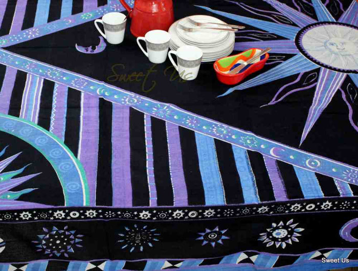 Cotton Celestial Sun Moon Star Tablecloth Rectangle Purple Blue Black - Sweet Us