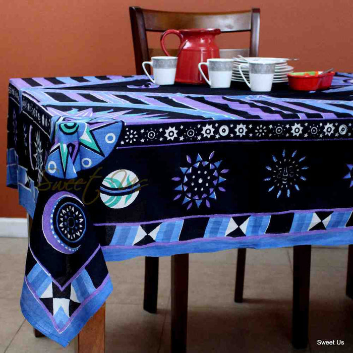 Cotton Celestial Sun Moon Star Tablecloth Rectangle Purple Blue Black - Sweet Us