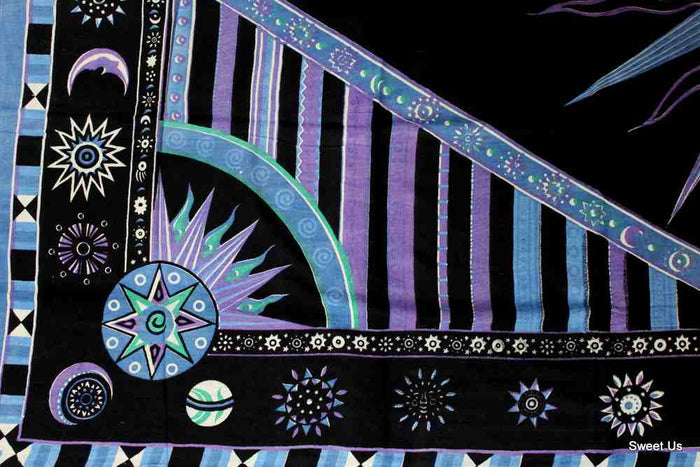 Cotton Celestial Sun Moon Star Tablecloth Rectangle Purple Blue Black - Sweet Us