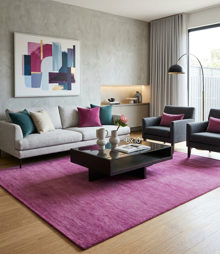 Orchid pink rectangular hand-tufted wool rug with dense solid pile texture