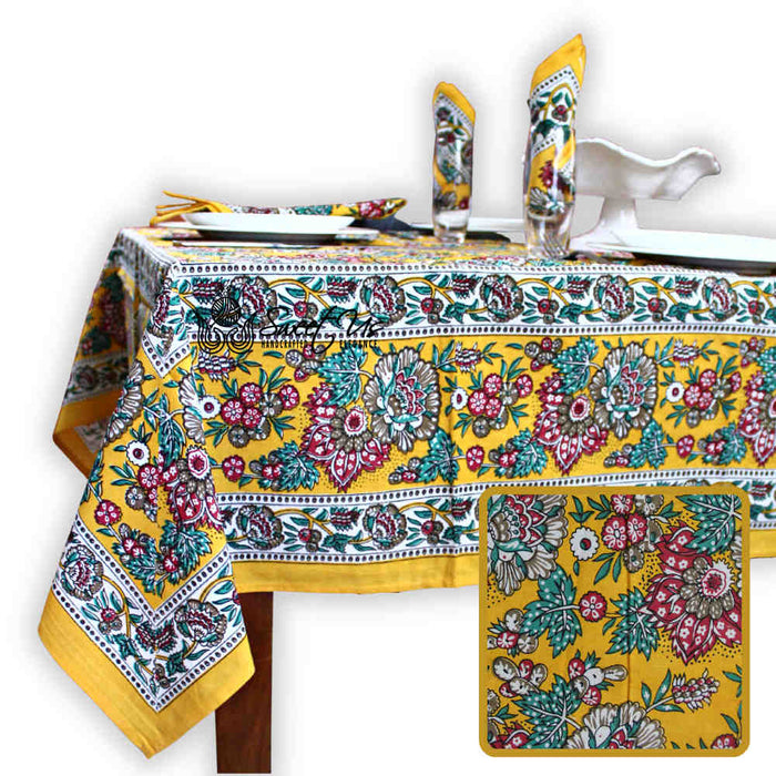 Floraison de Luxe Cotton French Country Floral Tablecloth, Golden Garden - Sweet Us