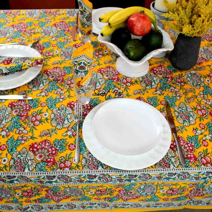 Floraison de Luxe Cotton French Country Floral Tablecloth, Golden Garden - Sweet Us