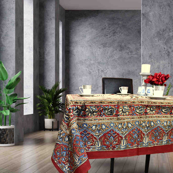 Block Print Floral Paisley Elephant Tablecloth Rectangle 70x102 Beige Red Blue - Sweet Us