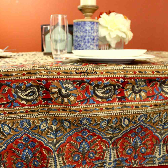 Block Print Floral Paisley Elephant Tablecloth Rectangle 70x102 Beige Red Blue - Sweet Us